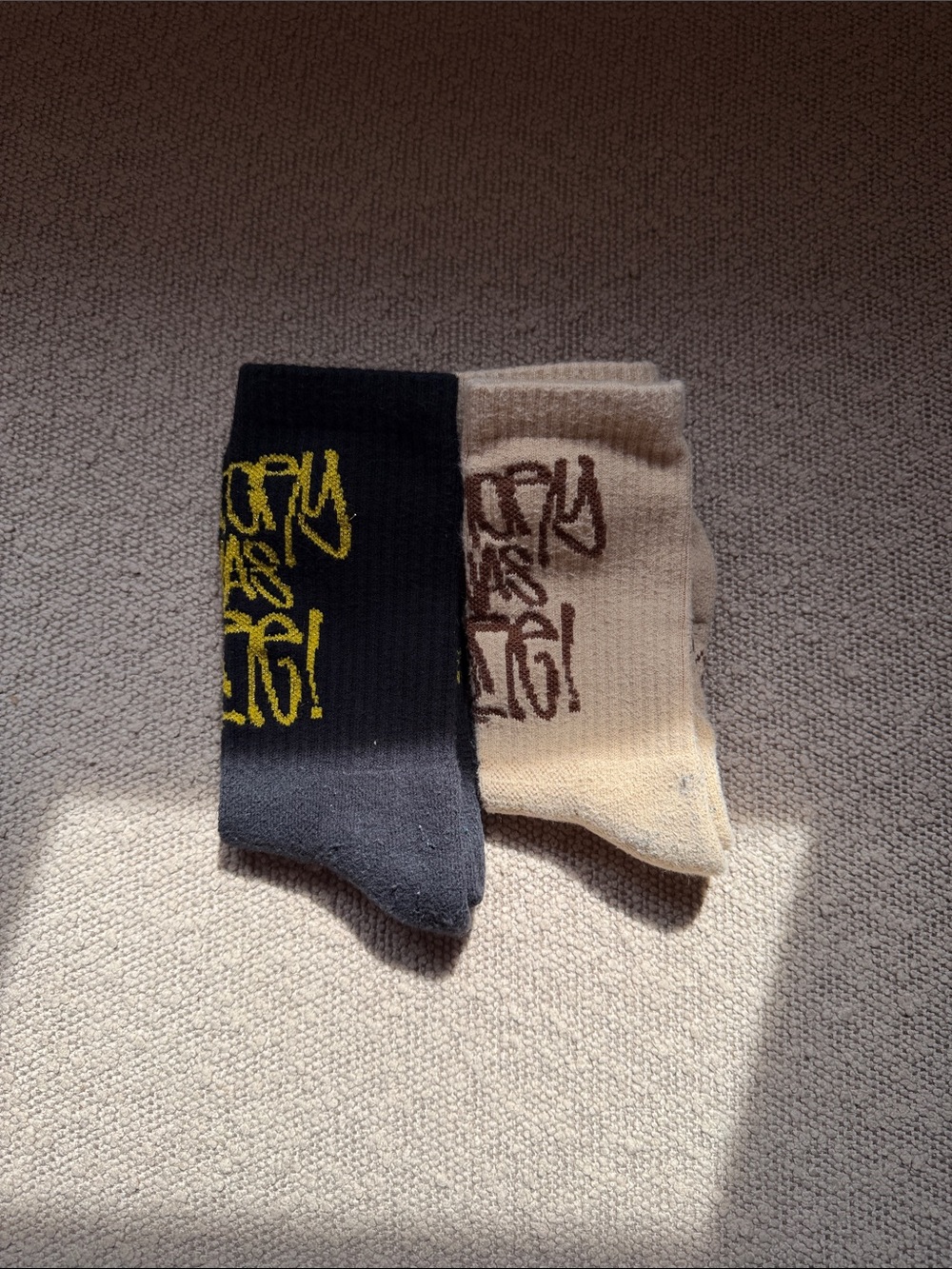 Men's Crew Socks - Black & Beige with Script Detail
